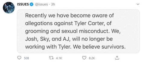 Metalcore band Issues have kicked out vocalist Tyler Carter following allegations of sexual misconduct and grooming. Taking to Twitter to share a short statement, the band said the following: “ Recently we have become aware of allegations against Tyler Carter, of grooming and sexual misconduct. We, Josh, Sky and AJ, will no …